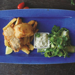 Beer batter Fish and Chips, Watercress and cucumber salad