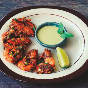Garlic prawns, basil mayonnaise