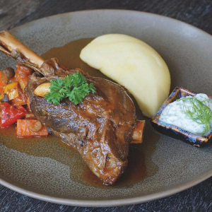 Braised lamb shank, ratatouille, garlic mash